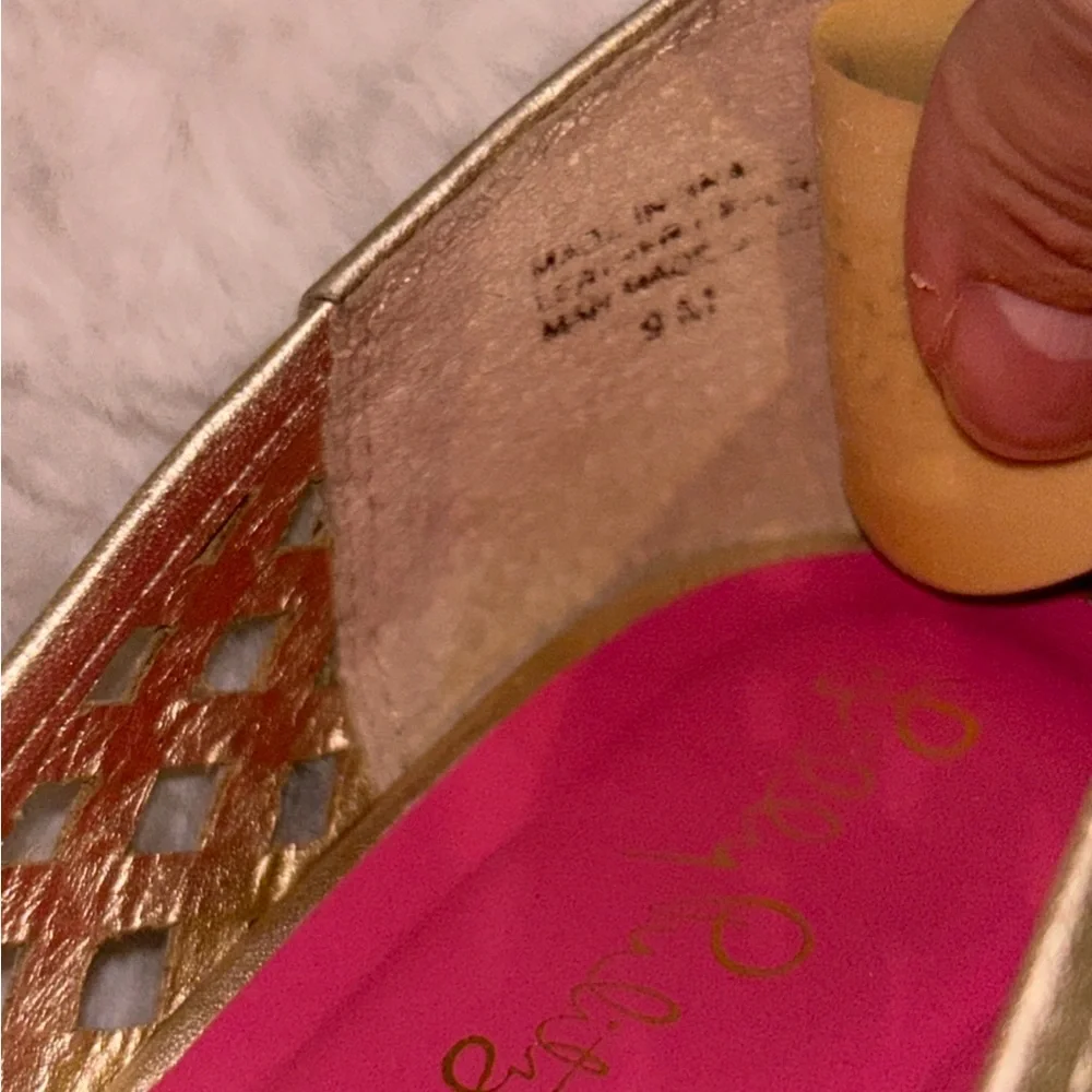 Lilly Pulitzer Gold Leather Resort Chic Basketweave Open Toe Wedge.FIRM PRICE - Picture 11 of 11